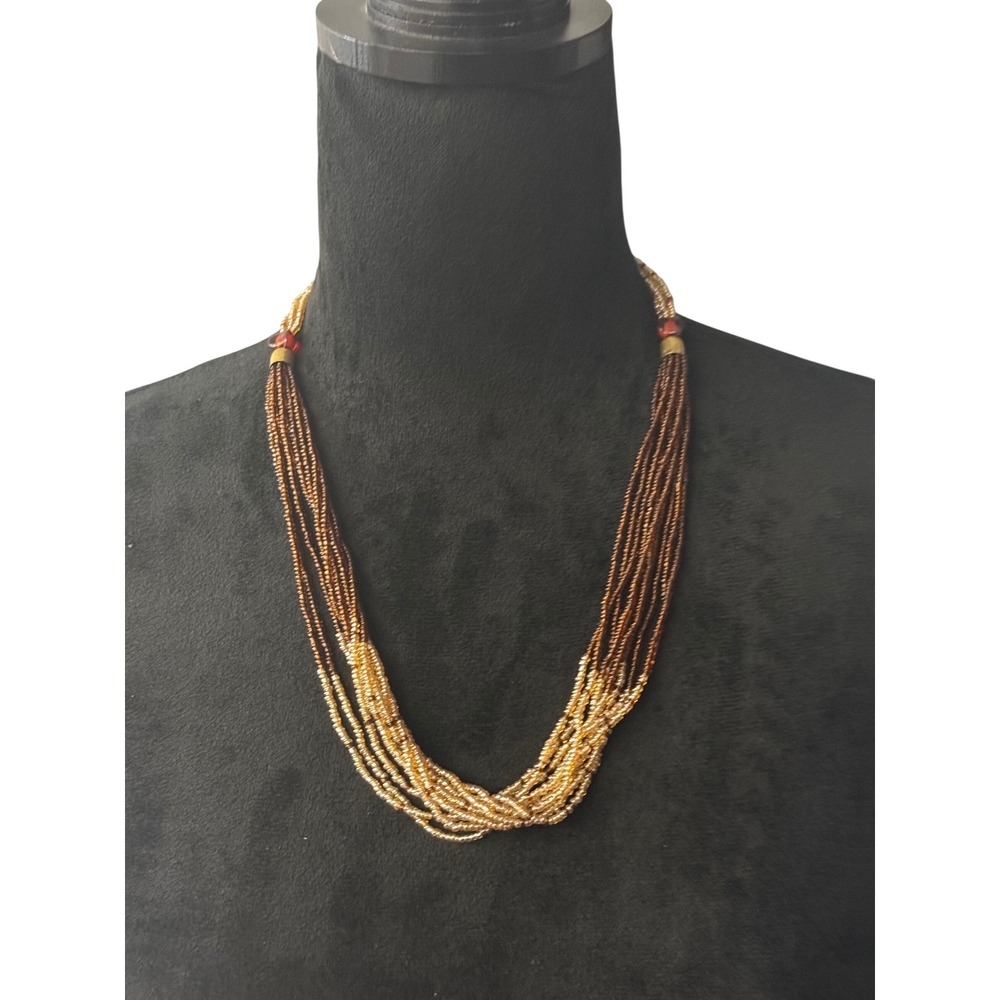 Vintage Boho Multi-Strand Ombre Seed Bead Necklace Brown Gold Glass Statement